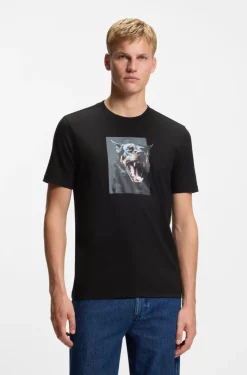 Boss Cotton Jersey T-Shirt with Animal Artwork Black