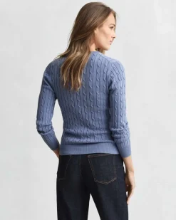 Gant Woman Stretch Cotton Cable V-neck Faded Denim
