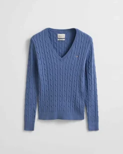 Gant Woman Stretch Cotton Cable V-neck Faded Denim