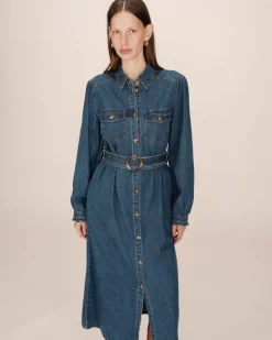 Grace & Mila Shanie Long Denim Dress Medium Blue