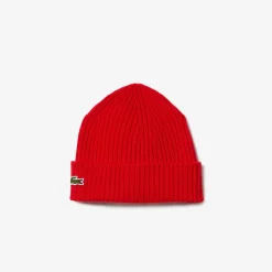 Lacoste Rib Knit Brushed Wool Beanie Red