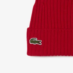 Lacoste Rib Knit Brushed Wool Beanie Red