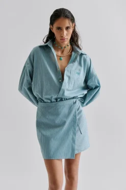 Malina Portea Wrapped Shirt Dress Aqua Stripe