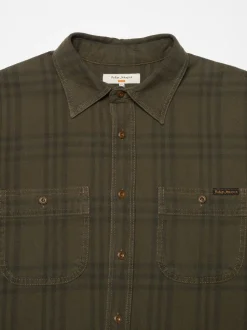 Nudie Jeans Julian Worker Plaid Check Shirt Olive