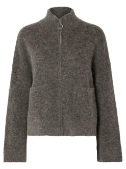 Selected Femme Sia Ras Knit Zipper Cardigan Medium Grey Melange