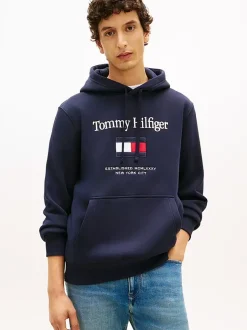 Tommy Hilfiger Logo Embroidery Flex Fleece Hoody Navy Blue