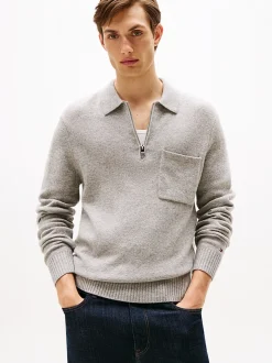 Tommy Hilfiger Pure Lambswool Zip Placket Polo Jumper Light Grey Heather
