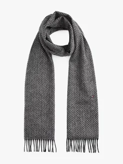 Tommy Hilfiger Pure Wool Herringbone Fringed Scarf Grey Herringbone