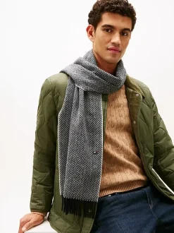 Tommy Hilfiger Pure Wool Herringbone Fringed Scarf Grey Herringbone