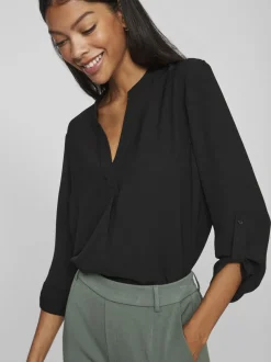 Vila Josa Turn-up V-neck Top Black