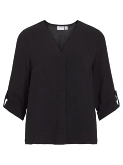 Vila Josa Turn-up V-neck Top Black Beauty